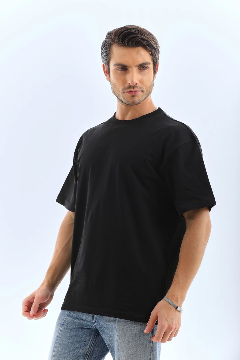 Erkek Düz Yazlık Kısa Kol Tişört Bisiklet Yaka Oversize T-Shirt - Siyah