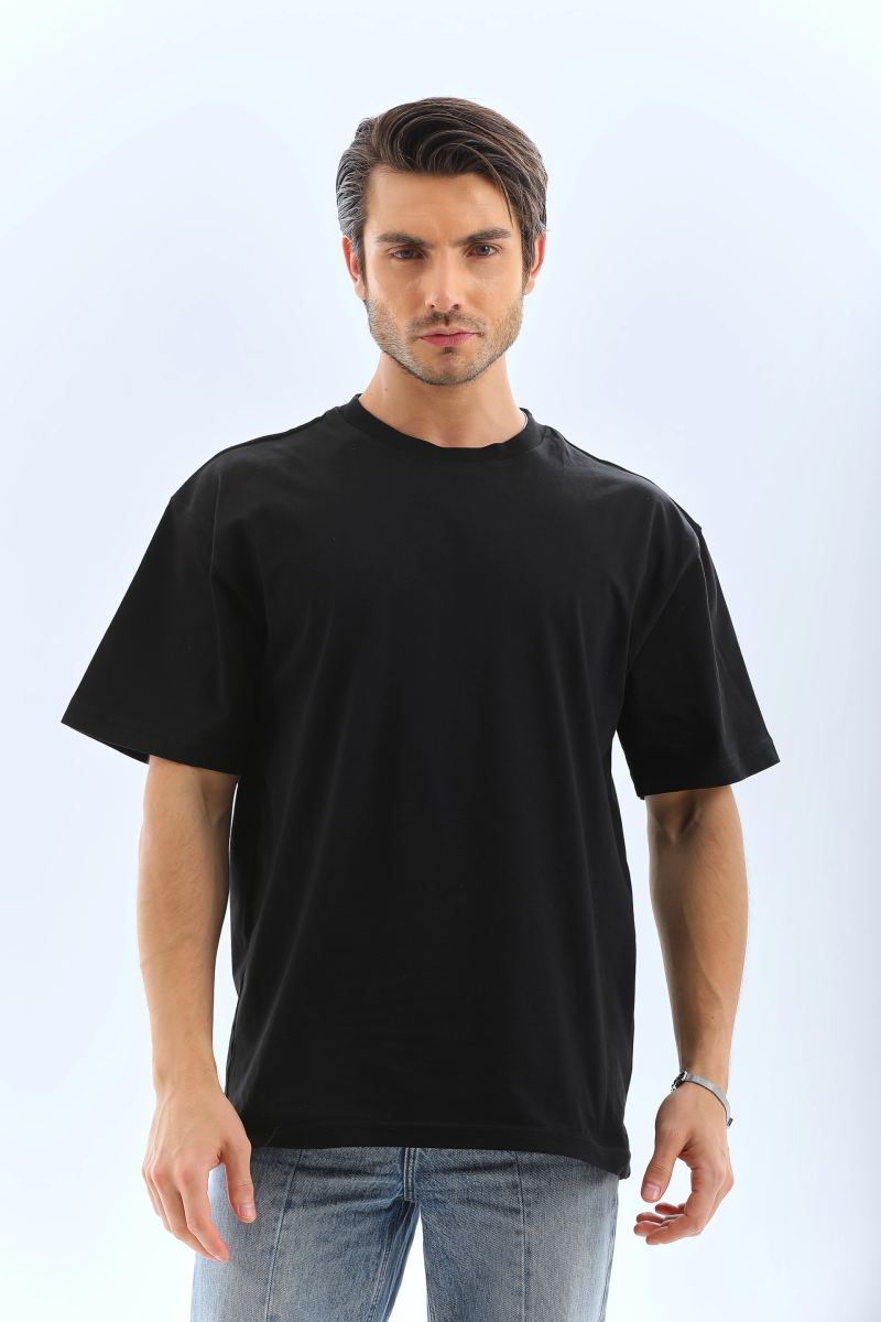 Erkek Düz Yazlık Kısa Kol Tişört Bisiklet Yaka Oversize T-Shirt - Siyah