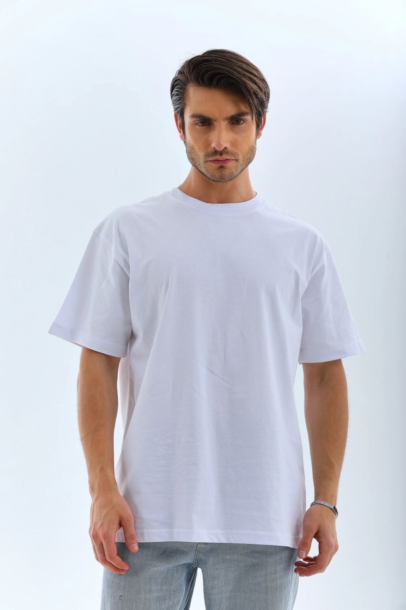 Erkek Düz Yazlık Kısa Kol Tişört Bisiklet Yaka Oversize T-Shirt - Beyaz