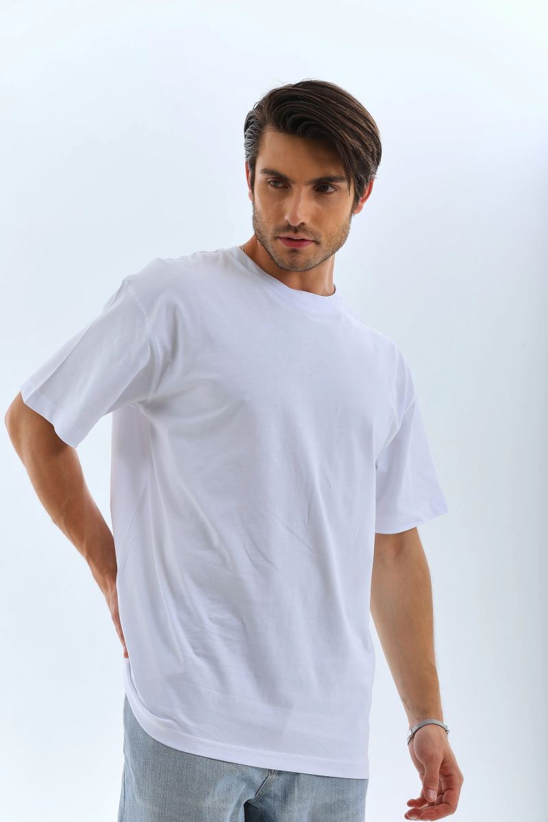 Erkek Düz Yazlık Kısa Kol Tişört Bisiklet Yaka Oversize T-Shirt - Beyaz