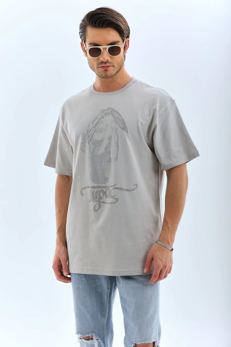 ERKEK Tişört TAŞ Detaylı Bisiklet Yaka  Kısa kol T-Shirt - Gri