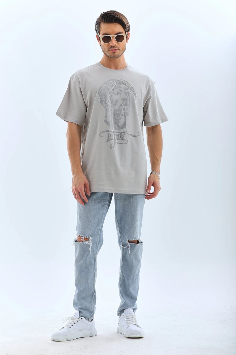ERKEK Tişört TAŞ Detaylı Bisiklet Yaka  Kısa kol T-Shirt - Gri