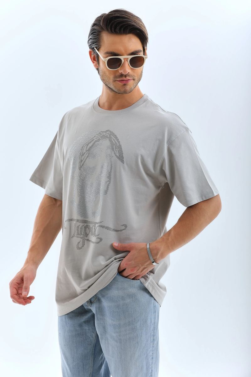 ERKEK Tişört TAŞ Detaylı Bisiklet Yaka  Kısa kol T-Shirt - Gri