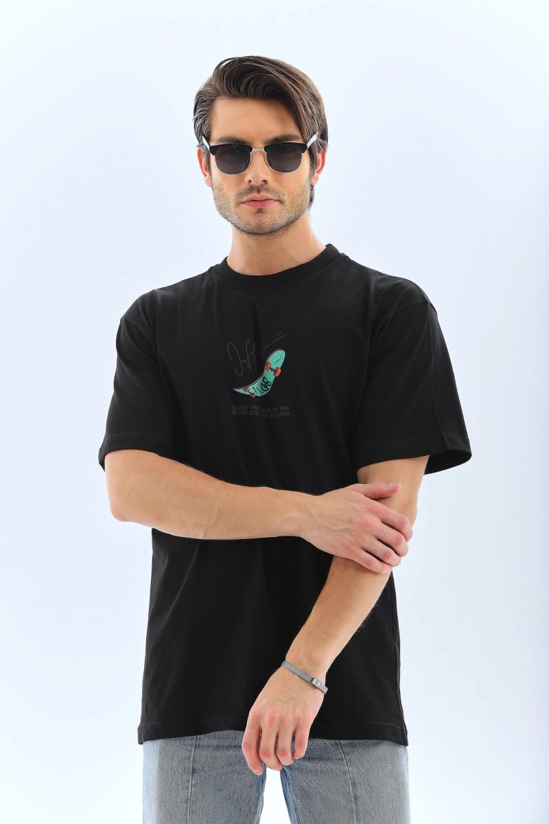 Erkek Kısa Kol Yazlık Tişört Bisiklet Yaka Baskılı Oversize T-Shirt - Siyah