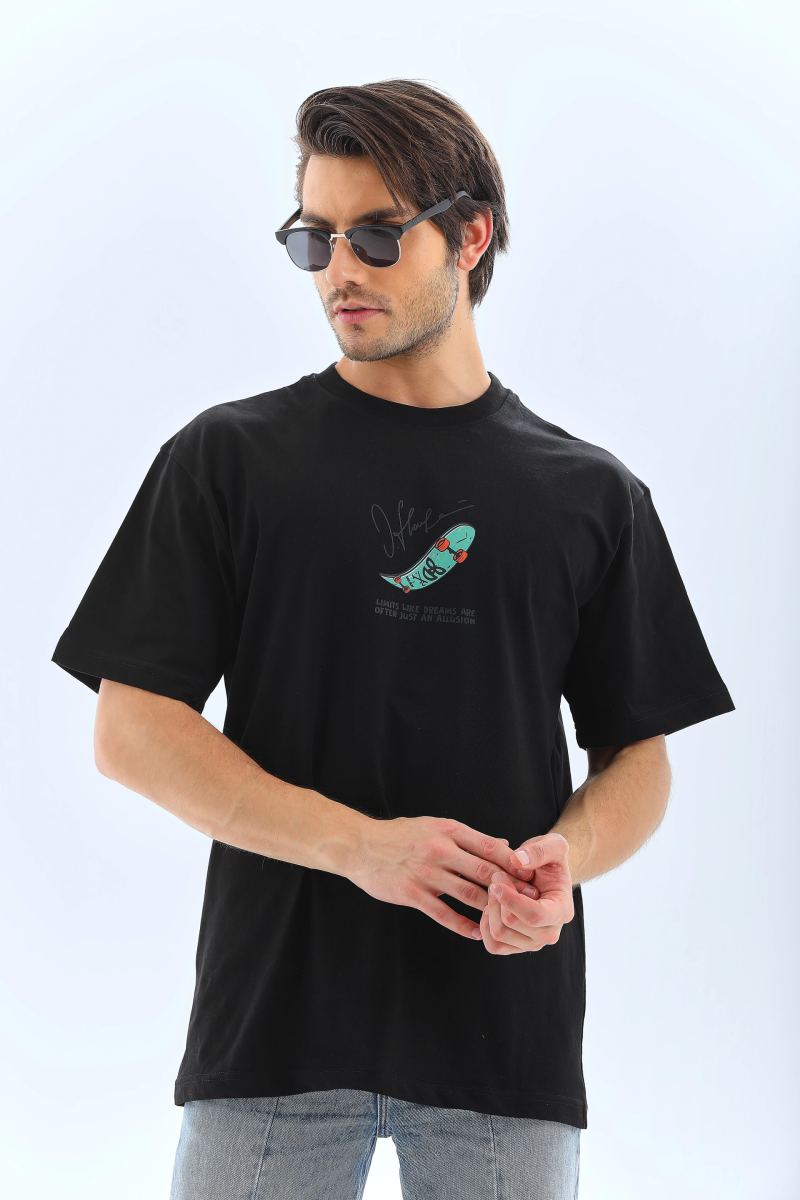 Erkek Kısa Kol Yazlık Tişört Bisiklet Yaka Baskılı Oversize T-Shirt - Siyah
