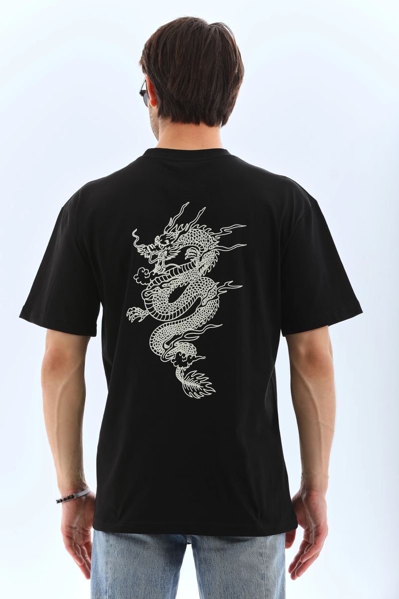 Erkek Kısa Kol Yazlık Tişört Bisiklet Yaka Baskılı Oversize T-Shirt - Siyah