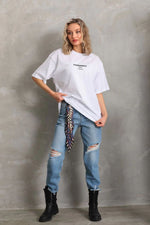 Kadın Kısa Kol Yazlık Tişört Bisiklet Yaka Baskılı Oversize T-Shirt - Beyaz
