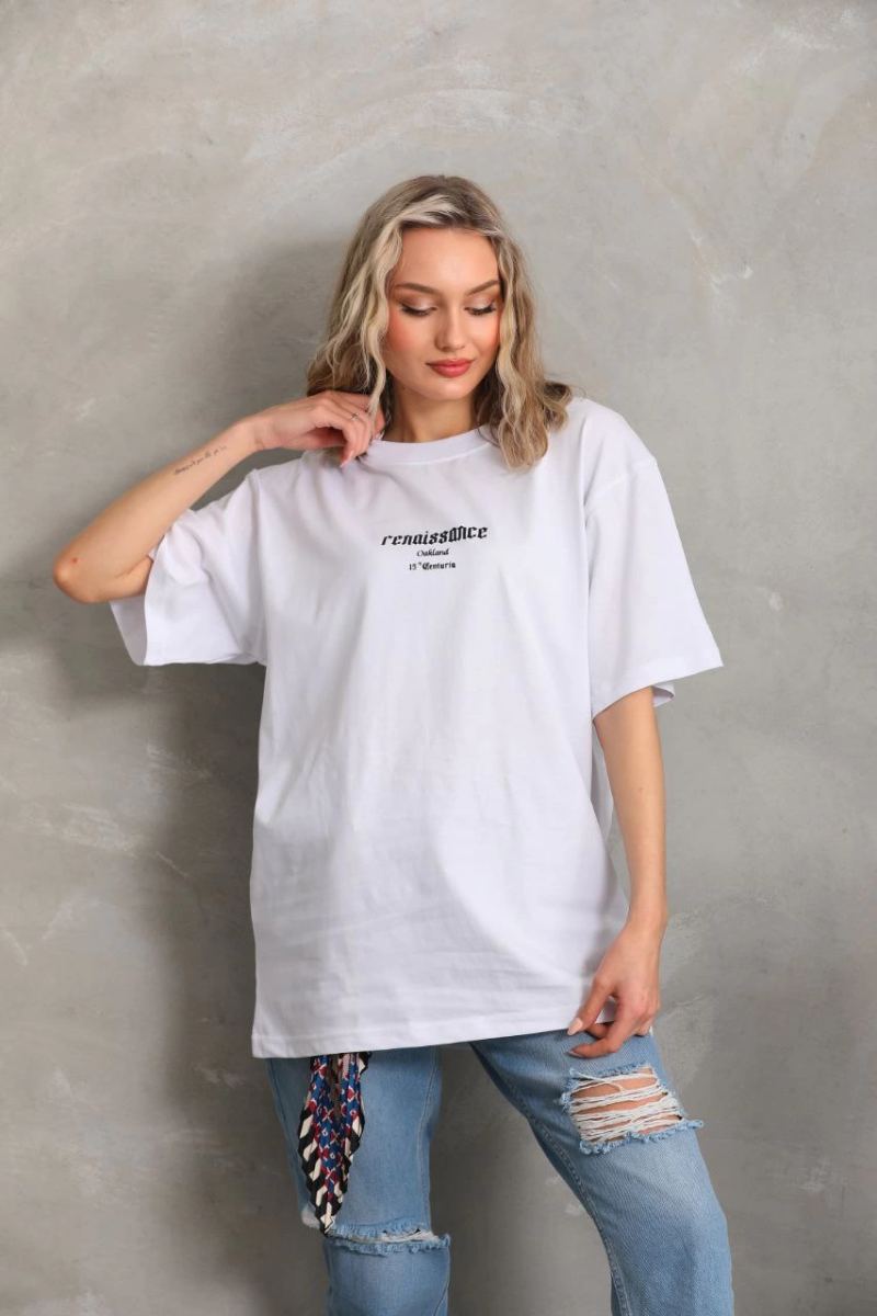 Kadın Kısa Kol Yazlık Tişört Bisiklet Yaka Baskılı Oversize T-Shirt - Beyaz
