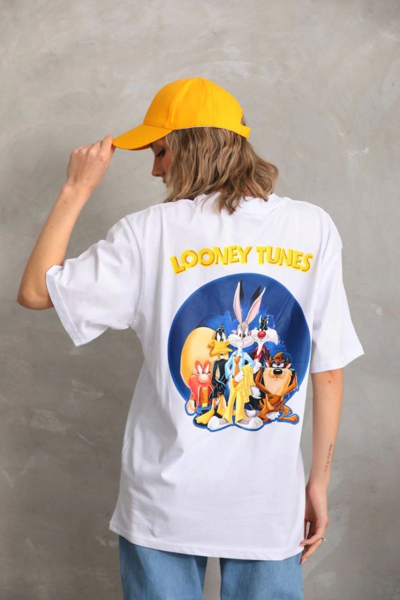 Kadın Kısa Kol Yazlık Tişört Bisiklet Yaka Baskılı Oversize T-Shirt - Beyaz