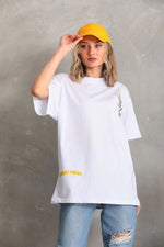 Kadın Kısa Kol Yazlık Tişört Bisiklet Yaka Baskılı Oversize T-Shirt - Beyaz