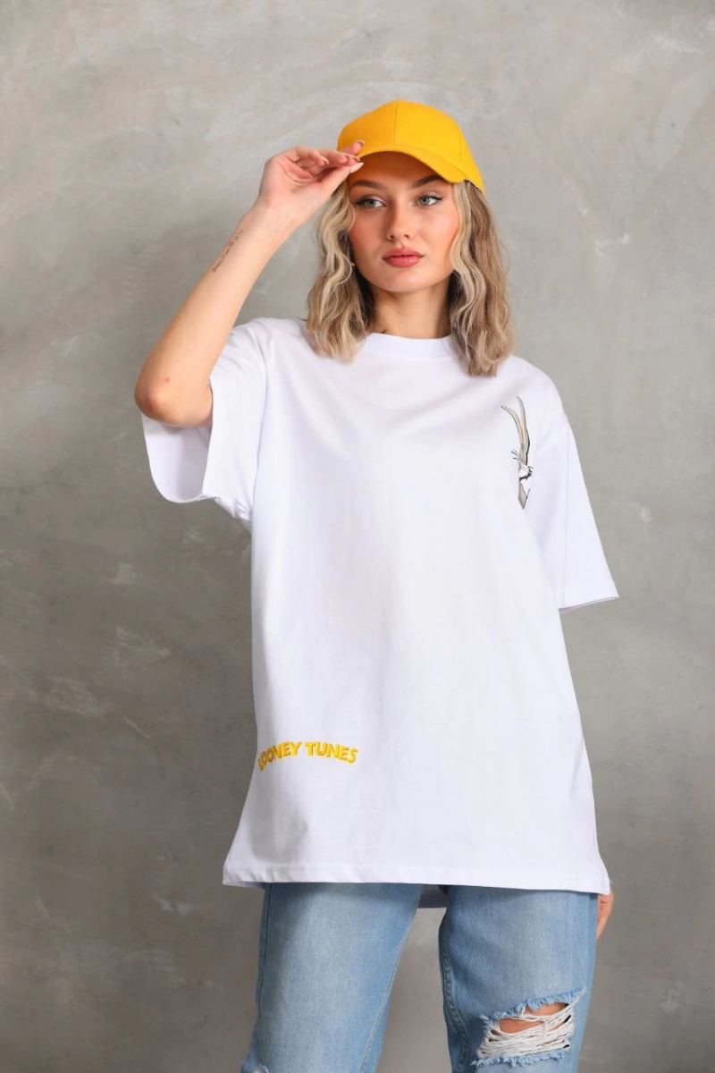 Kadın Kısa Kol Yazlık Tişört Bisiklet Yaka Baskılı Oversize T-Shirt - Beyaz
