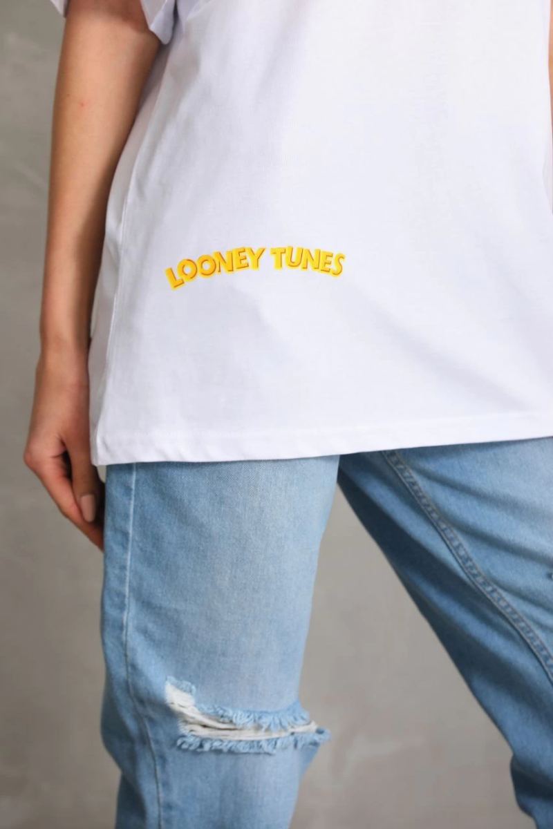 Kadın Kısa Kol Yazlık Tişört Bisiklet Yaka Baskılı Oversize T-Shirt - Beyaz