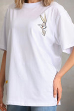 Kadın Kısa Kol Yazlık Tişört Bisiklet Yaka Baskılı Oversize T-Shirt - Beyaz