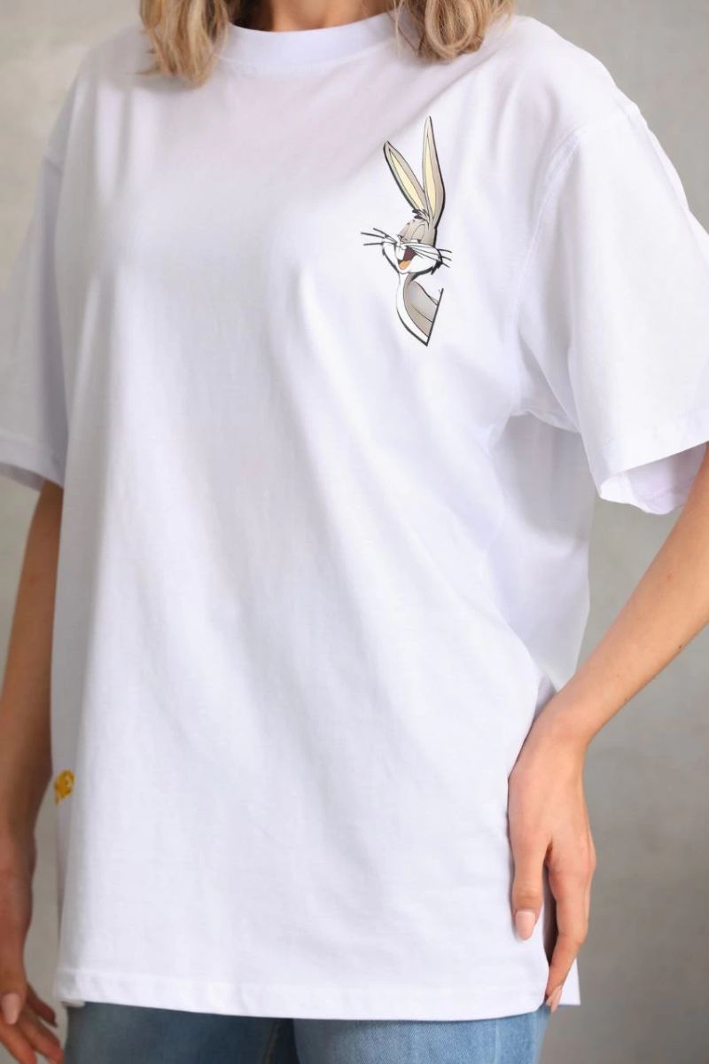 Kadın Kısa Kol Yazlık Tişört Bisiklet Yaka Baskılı Oversize T-Shirt - Beyaz
