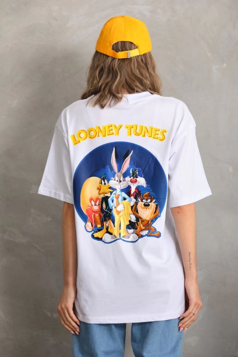 Kadın Kısa Kol Yazlık Tişört Bisiklet Yaka Baskılı Oversize T-Shirt - Beyaz