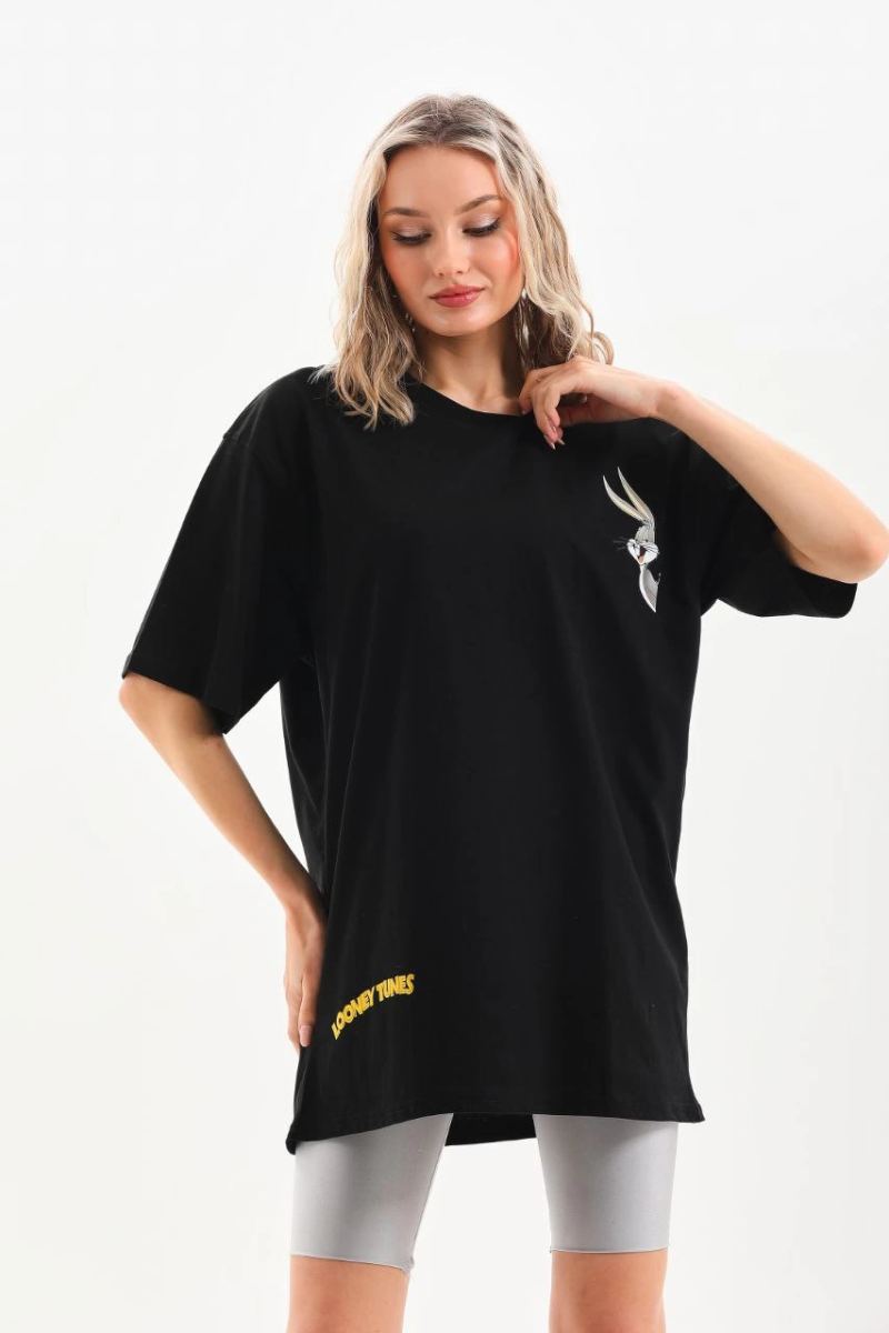 Kadın Kısa Kol Yazlık Tişört Bisiklet Yaka Baskılı Oversize T-Shirt - Siyah