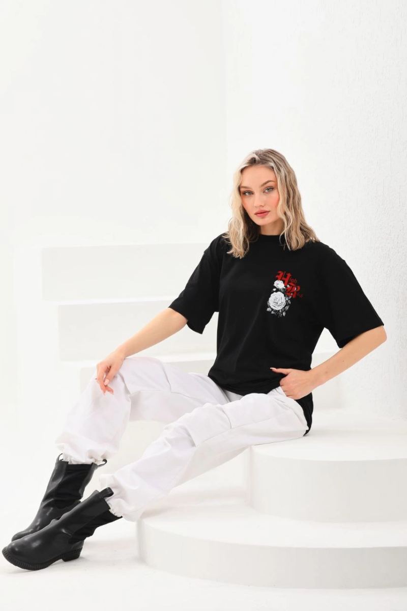 Kadın Kısa Kol Yazlık Tişört Bisiklet Yaka Baskılı Oversize T-Shirt - Siyah