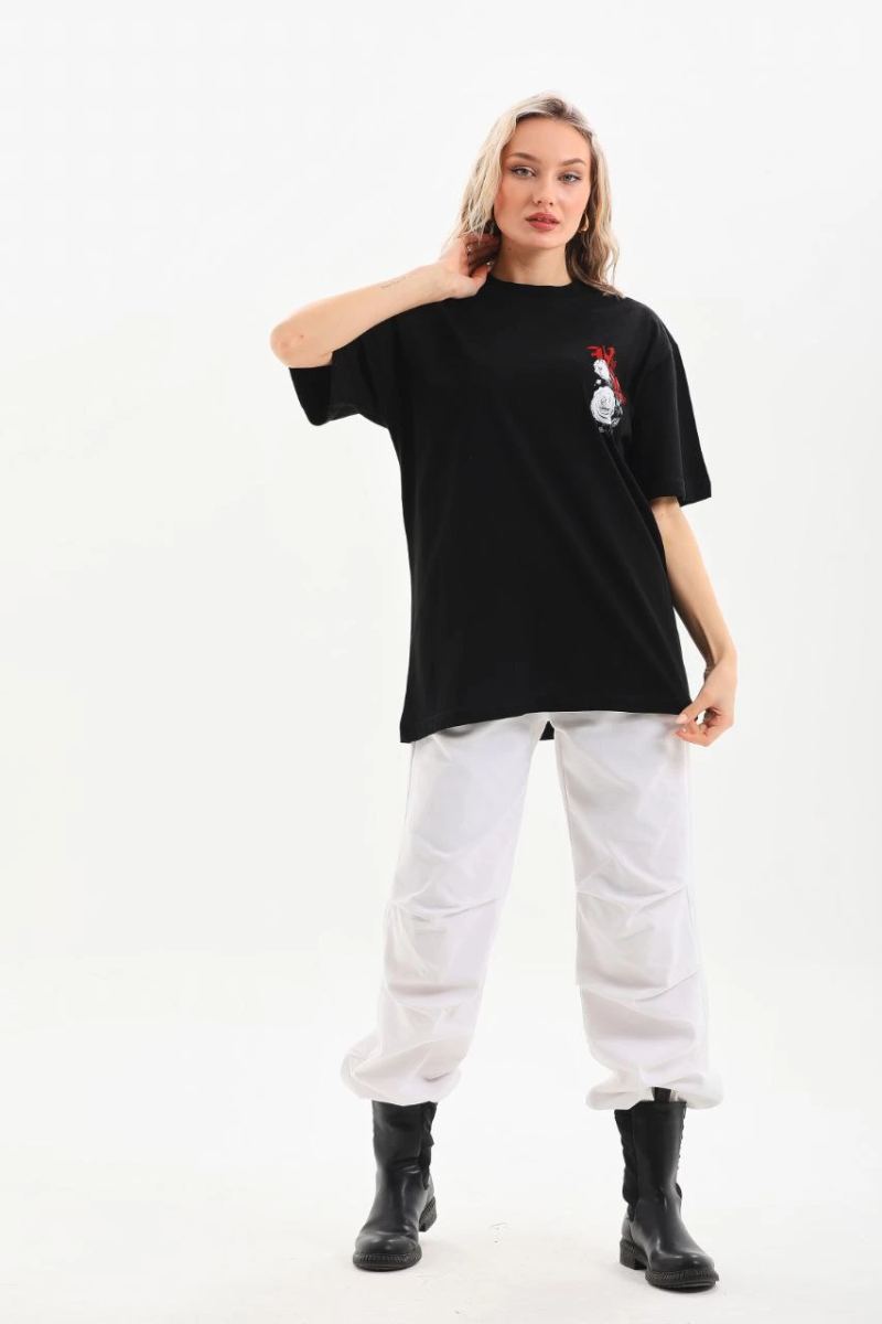 Kadın Kısa Kol Yazlık Tişört Bisiklet Yaka Baskılı Oversize T-Shirt - Siyah