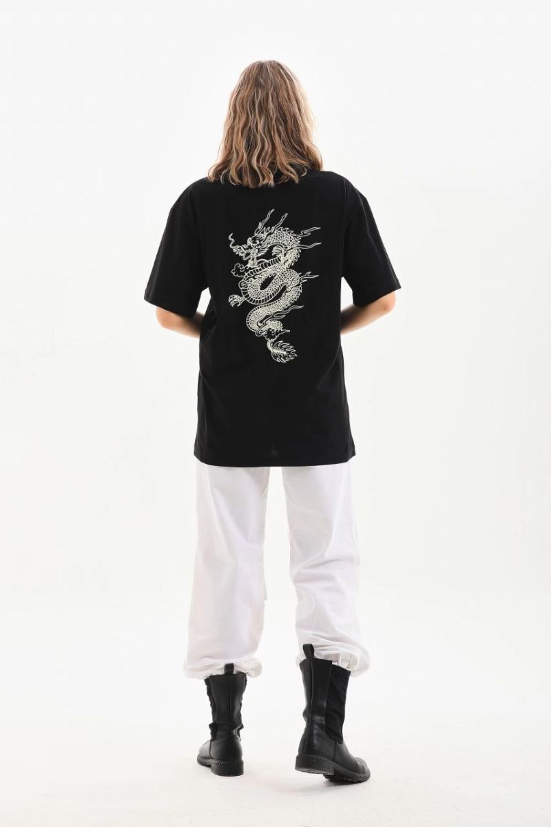 Kadın Kısa Kol Yazlık Tişört Bisiklet Yaka Ejderha Baskılı T-Shirt - Siyah