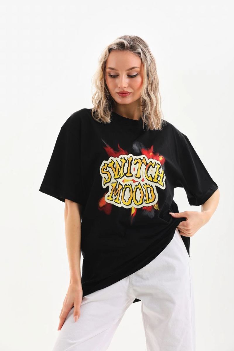 Kadın Kısa Kol Yazlık Tişört Bisiklet Yaka Ejderha Baskılı T-Shirt - Siyah