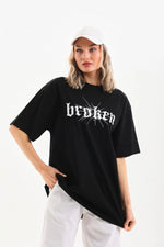 Kadın Kısa Kol Yazlık Tişört Bisiklet Yaka Baskılı Oversize T-Shirt - Siyah