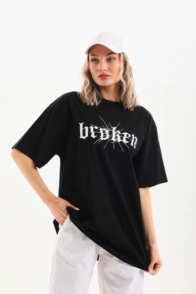 Kadın Kısa Kol Yazlık Tişört Bisiklet Yaka Baskılı Oversize T-Shirt - Siyah