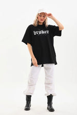 Kadın Kısa Kol Yazlık Tişört Bisiklet Yaka Baskılı Oversize T-Shirt - Siyah