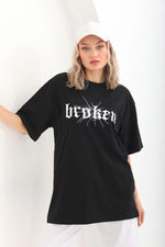 Kadın Kısa Kol Yazlık Tişört Bisiklet Yaka Baskılı Oversize T-Shirt - Siyah