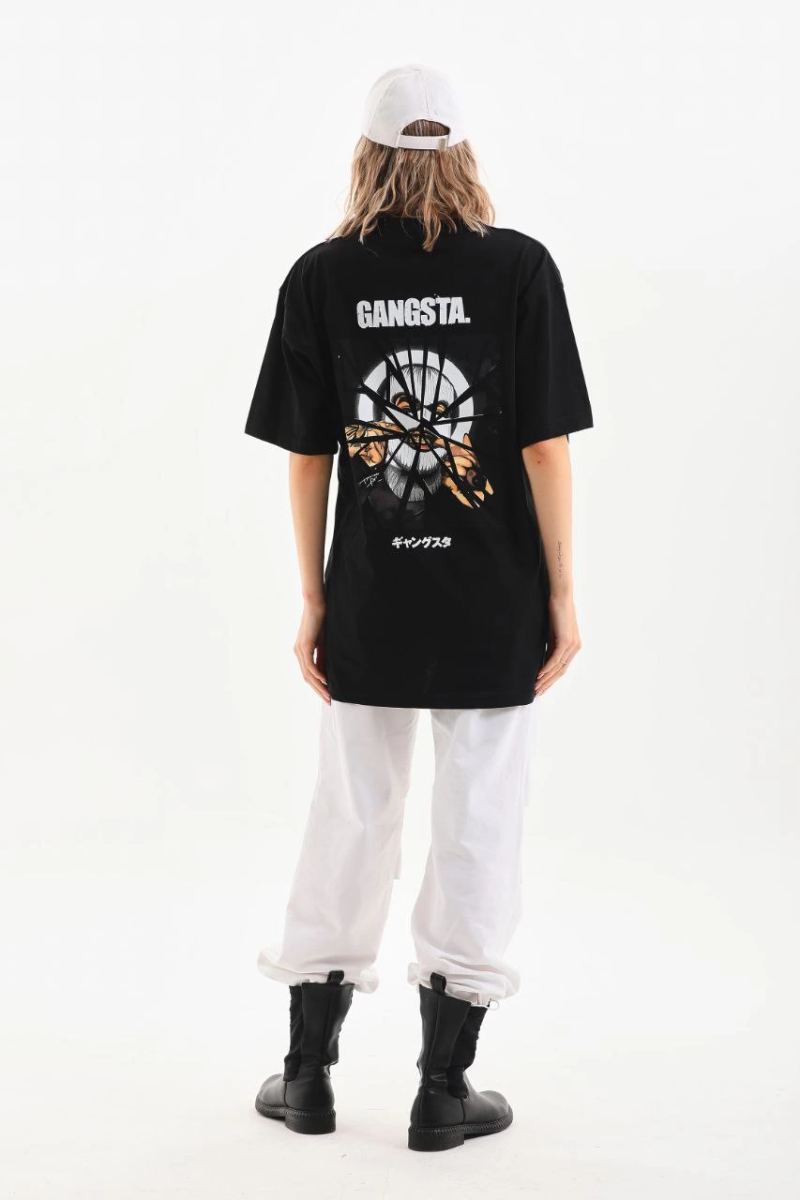 Kadın Kısa Kol Yazlık Tişört Bisiklet Yaka Baskılı Oversize T-Shirt - Siyah