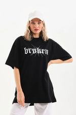 Kadın Kısa Kol Yazlık Tişört Bisiklet Yaka Baskılı Oversize T-Shirt - Siyah