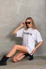 Kadın Kısa Kol Yazlık Tişört Bisiklet Yaka Baskılı Oversize T-Shirt - Beyaz