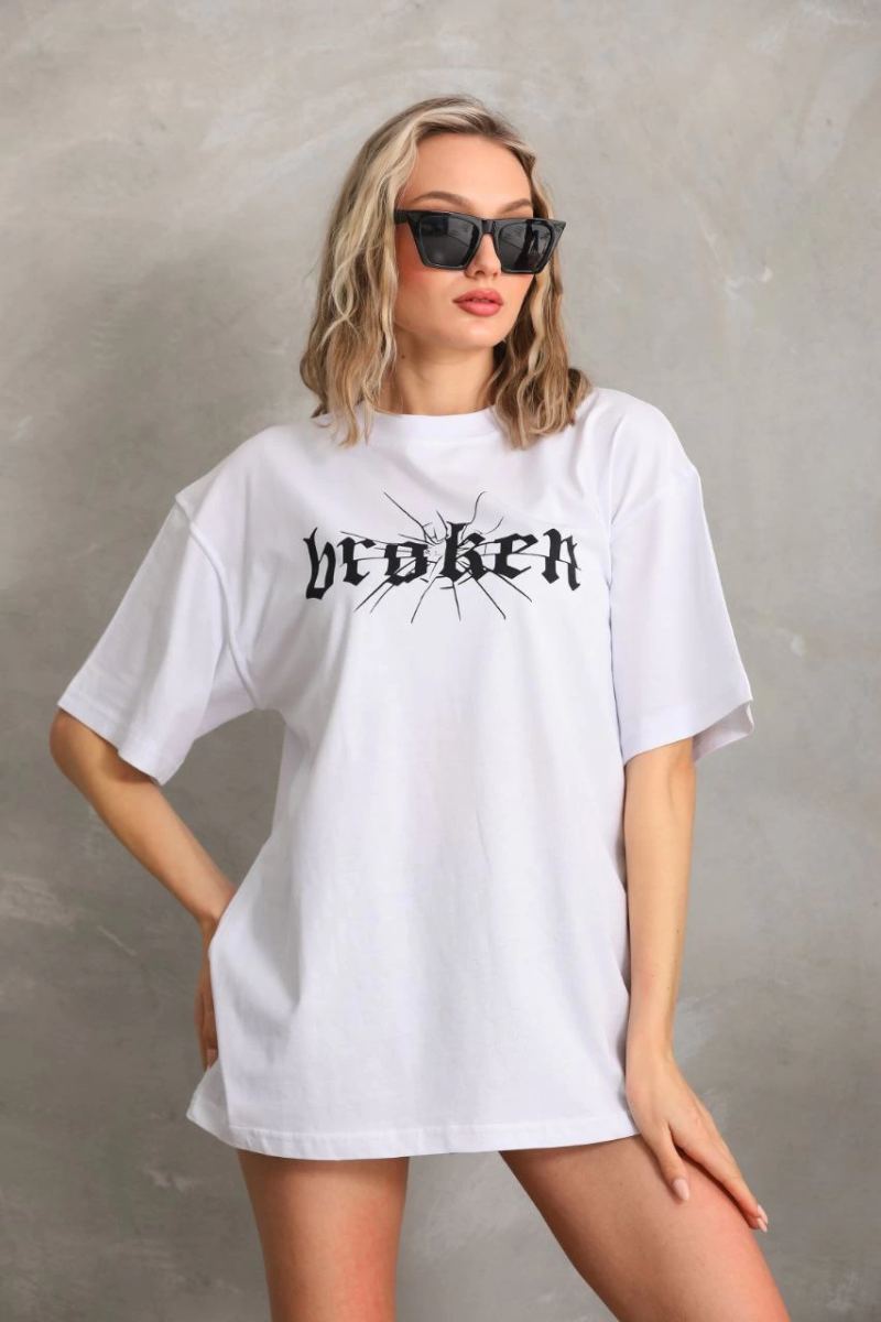 Kadın Kısa Kol Yazlık Tişört Bisiklet Yaka Baskılı Oversize T-Shirt - Beyaz