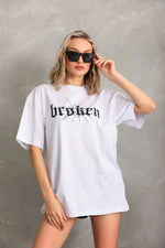 Kadın Kısa Kol Yazlık Tişört Bisiklet Yaka Baskılı Oversize T-Shirt - Beyaz