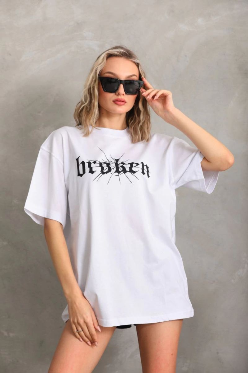 Kadın Kısa Kol Yazlık Tişört Bisiklet Yaka Baskılı Oversize T-Shirt - Beyaz