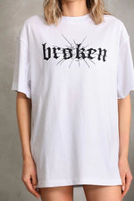 Kadın Kısa Kol Yazlık Tişört Bisiklet Yaka Baskılı Oversize T-Shirt - Beyaz