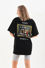 Kadın Kısa Kol Yazlık Tişört Bisiklet Yaka Baskılı Oversize T-Shirt - Siyah
