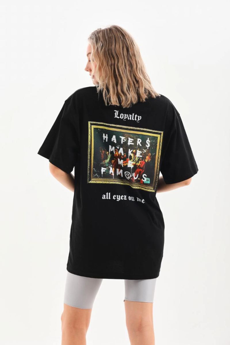 Kadın Kısa Kol Yazlık Tişört Bisiklet Yaka Baskılı Oversize T-Shirt - Siyah