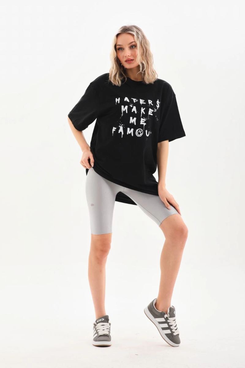 Kadın Kısa Kol Yazlık Tişört Bisiklet Yaka Baskılı Oversize T-Shirt - Siyah