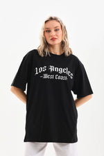Kadın Baskılı Tişört Kısa Kol Bisiklet Yaka Oversize T-Shirt - Siyah