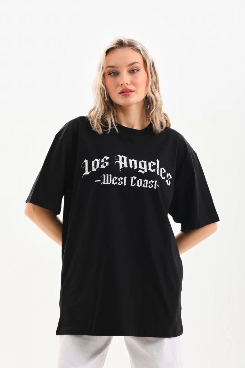 Kadın Baskılı Tişört Kısa Kol Bisiklet Yaka Oversize T-Shirt - Siyah