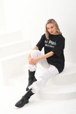 Kadın Baskılı Tişört Kısa Kol Bisiklet Yaka Oversize T-Shirt - Siyah