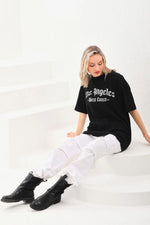 Kadın Baskılı Tişört Kısa Kol Bisiklet Yaka Oversize T-Shirt - Siyah