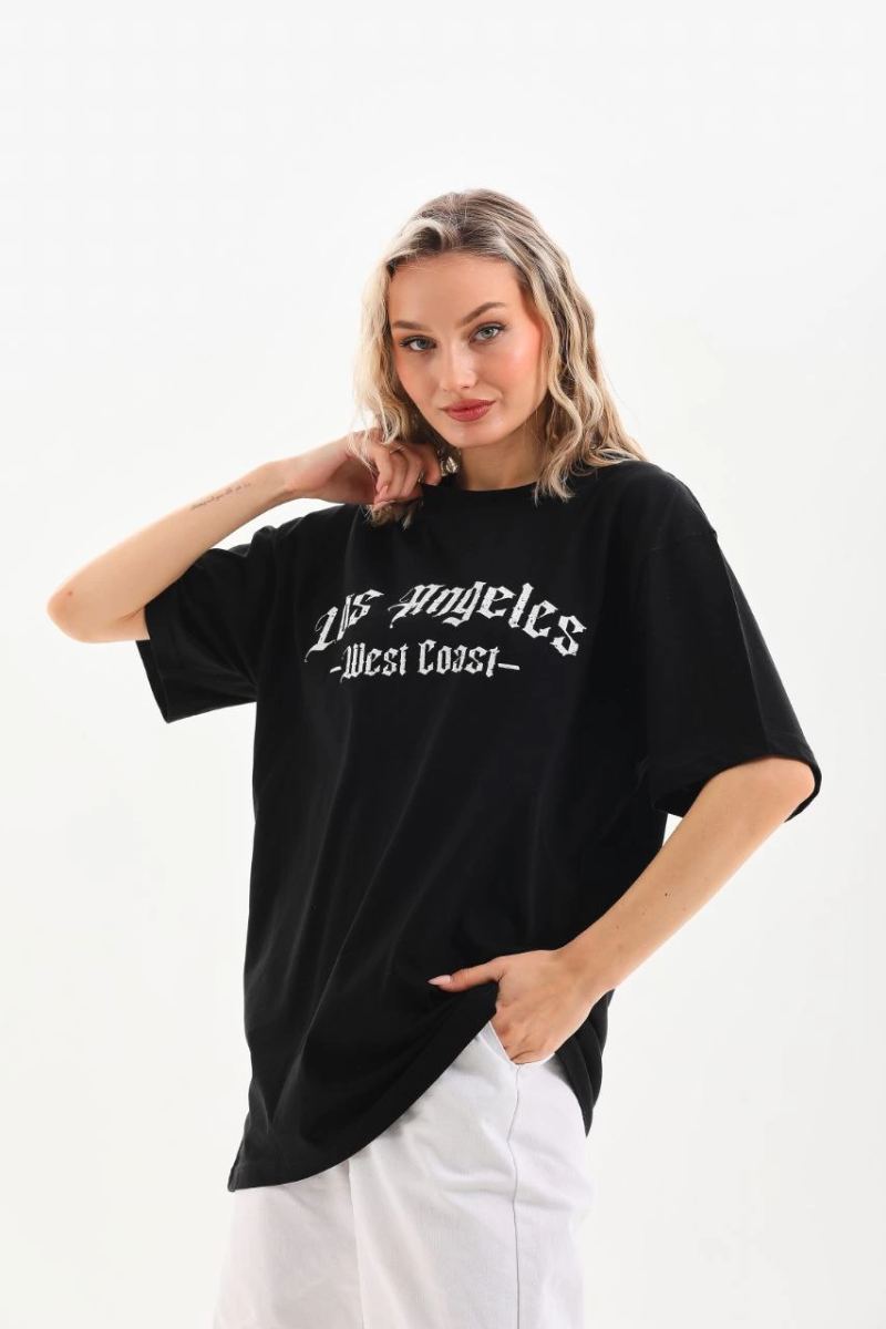 Kadın Baskılı Tişört Kısa Kol Bisiklet Yaka Oversize T-Shirt - Siyah
