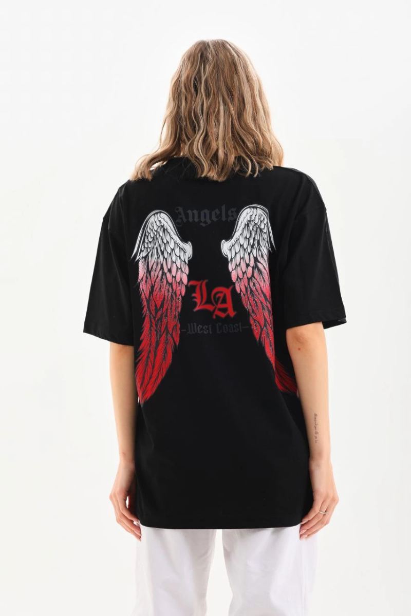Kadın Baskılı Tişört Kısa Kol Bisiklet Yaka Oversize T-Shirt - Siyah