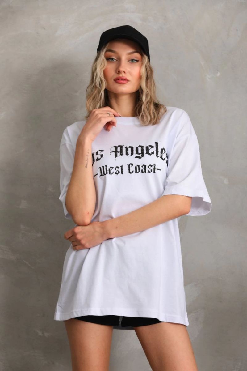 Kadın Baskılı Tişört Kısa Kol Bisiklet Yaka Oversize T-Shirt - Beyaz