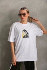 Kadın Baskılı T-Shirt Kısa Kol Bisiklet Yaka Oversize Rahat Kalıp Günlük Tişört - Beyaz