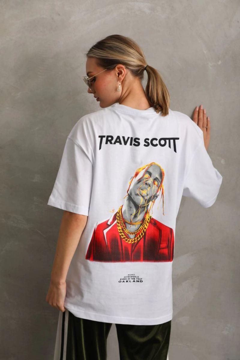 Kadın Baskılı T-Shirt Kısa Kol Bisiklet Yaka Oversize Rahat Kalıp Günlük Tişört - Beyaz