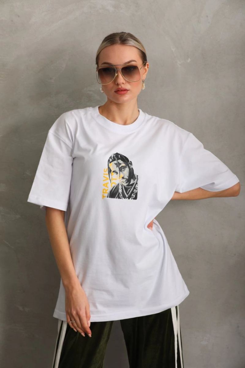 Kadın Baskılı T-Shirt Kısa Kol Bisiklet Yaka Oversize Rahat Kalıp Günlük Tişört - Beyaz