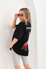Kadın Baskılı T-Shirt Kısa Kol Bisiklet Yaka Oversize Rahat Kalıp Günlük Tişört - Siyah