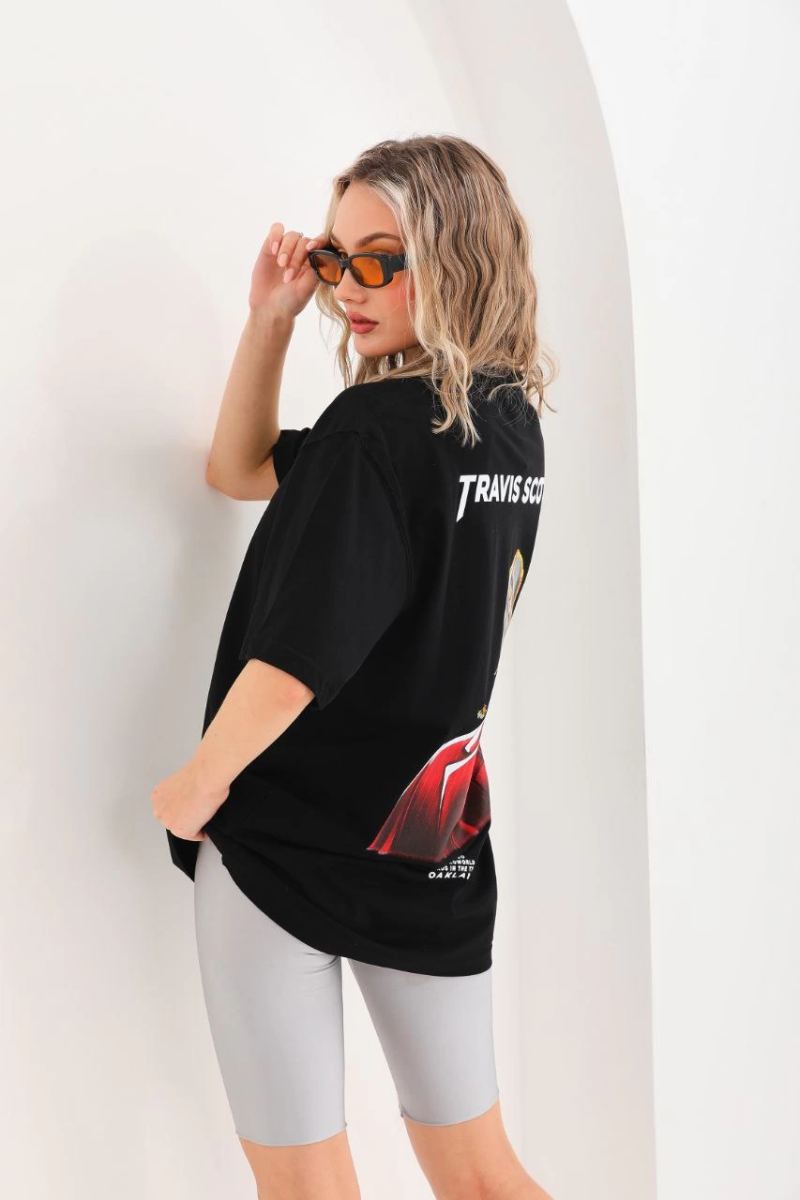 Kadın Baskılı T-Shirt Kısa Kol Bisiklet Yaka Oversize Rahat Kalıp Günlük Tişört - Siyah